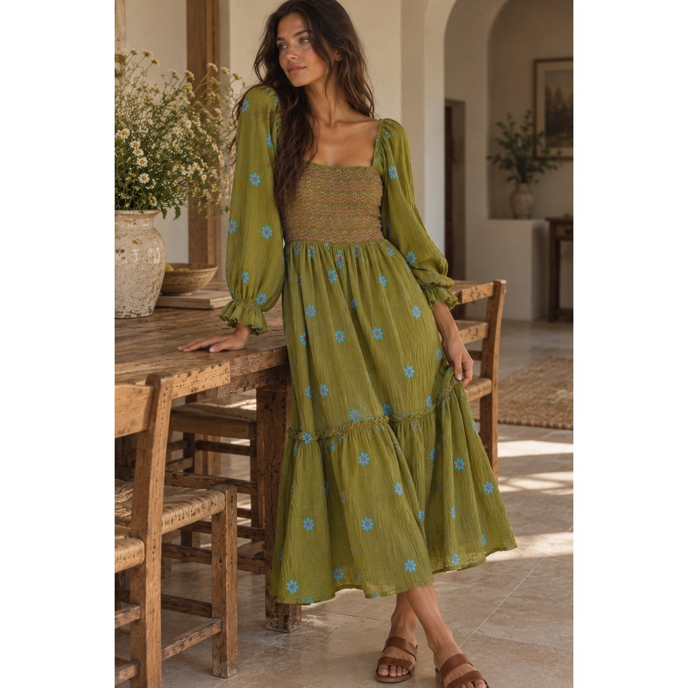 Floral Embroidered Smocked Midi Dress Olive Green Balloon Sleeve Cottagecore